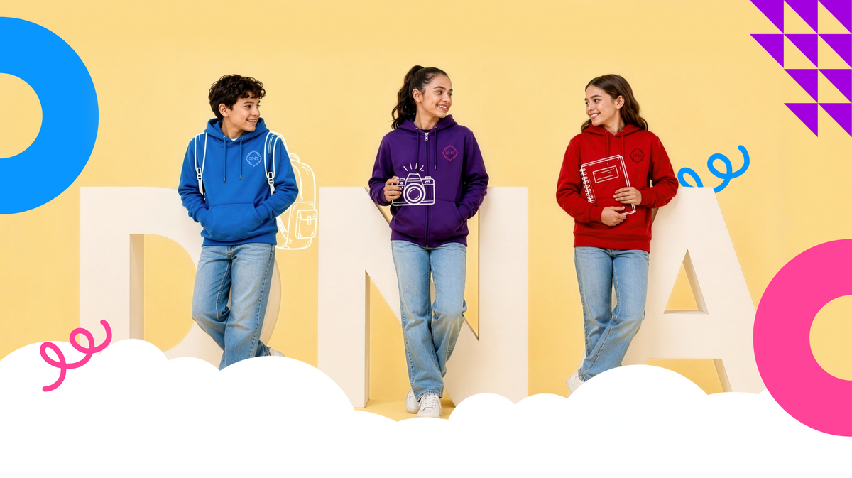Kids wearing What's Your DNA? clothing and hoodies